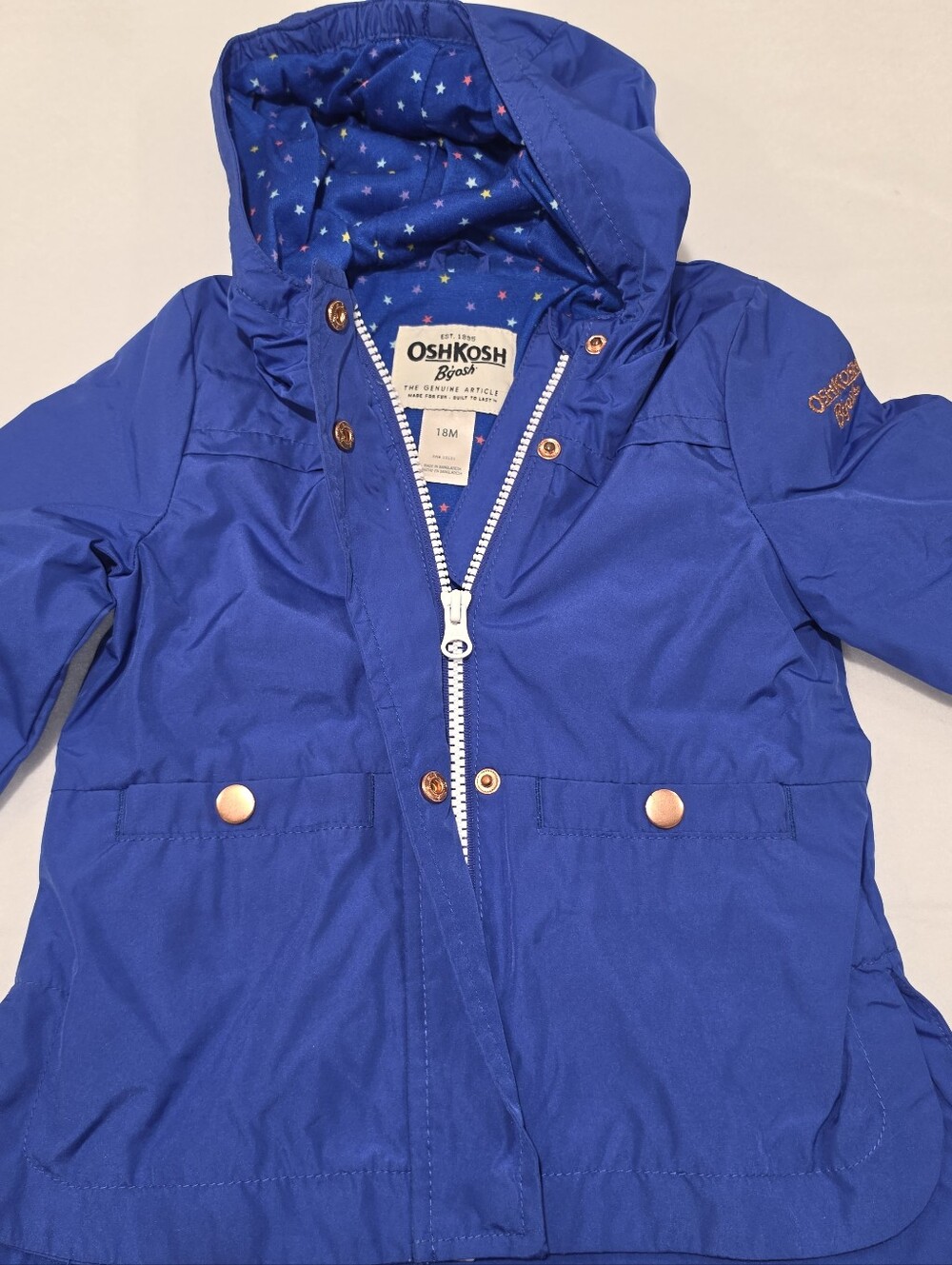OshKosh B'gosh Royal Blue Hooded Raincoat with Star-Lined Hood